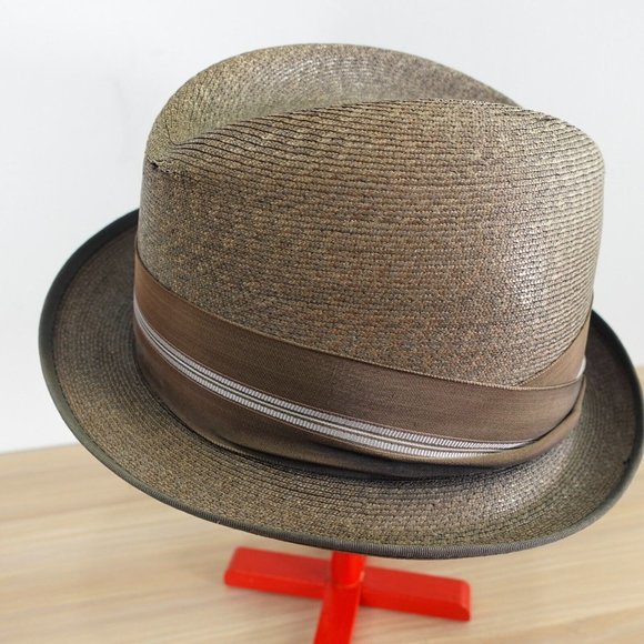 VINTAGE KNOX Hat Adult 7 1/4 Brown Panama Straw Trilby Jazz Cuban Summer 90s - Picture 2 of 16